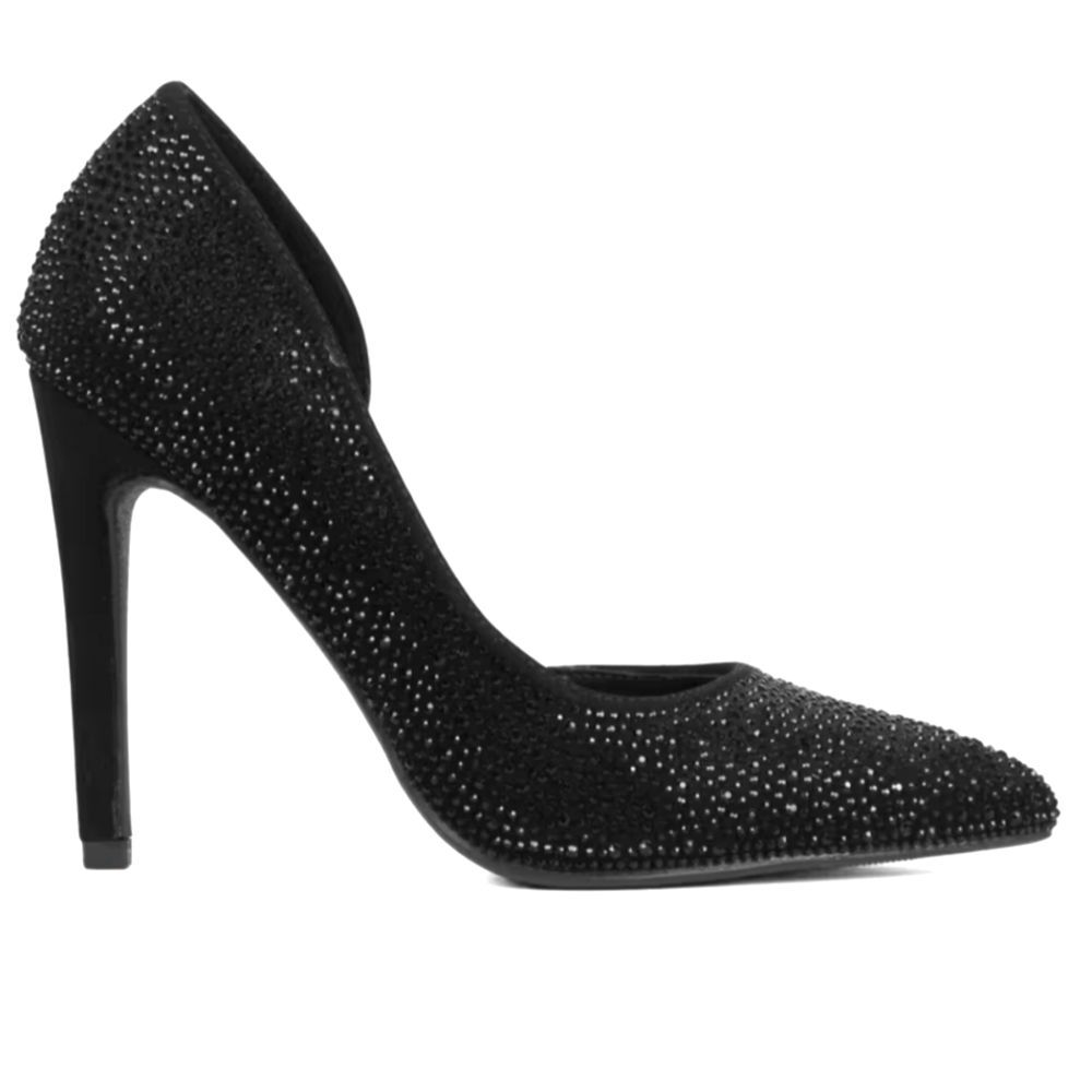 EUC Red Delicious Black Diamante Pointed Toe Stiletto Heels Pumps, Sz 6.5